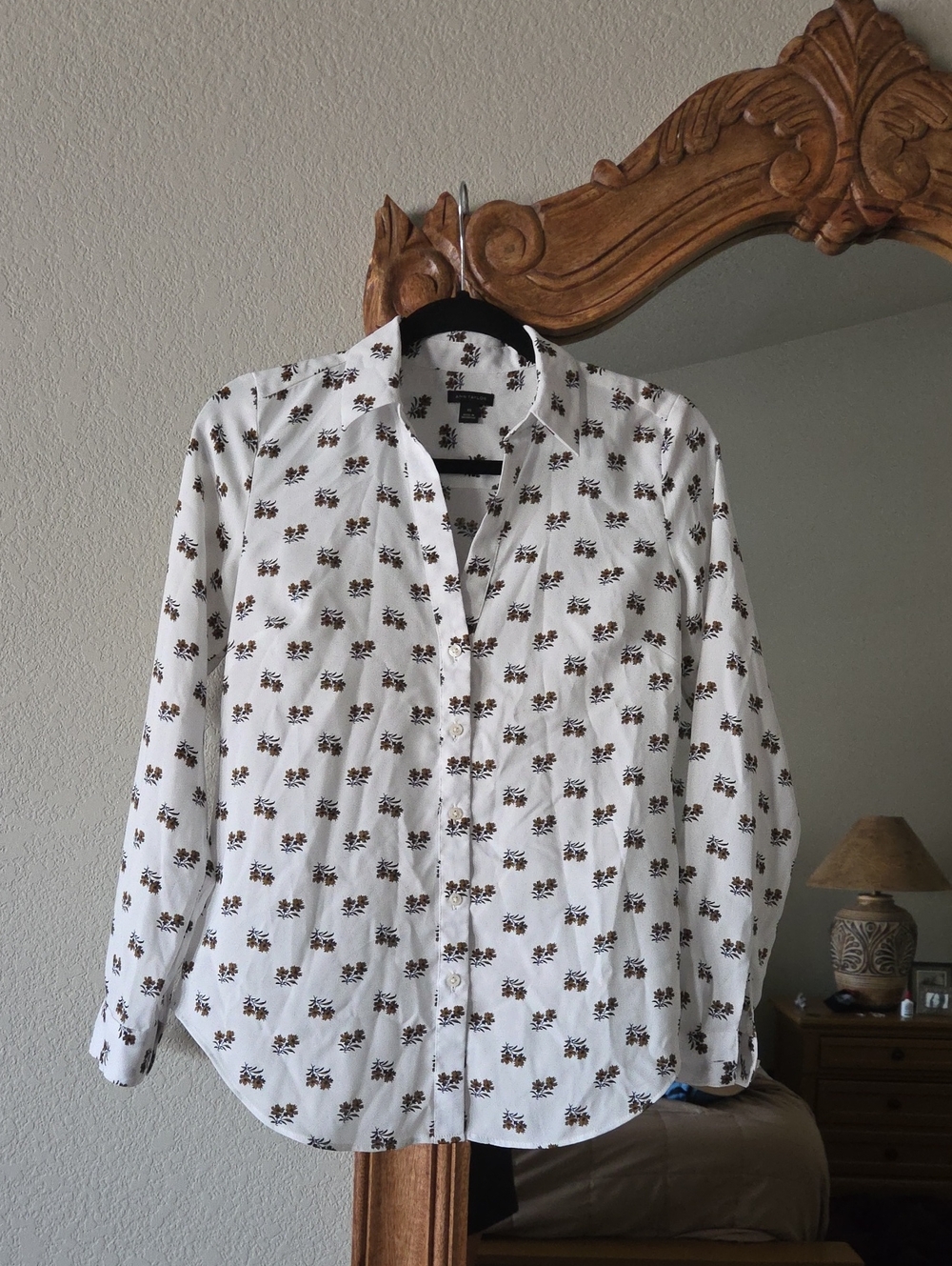 Ann Taylor White Button-Down Shirt with Brown Floral Print